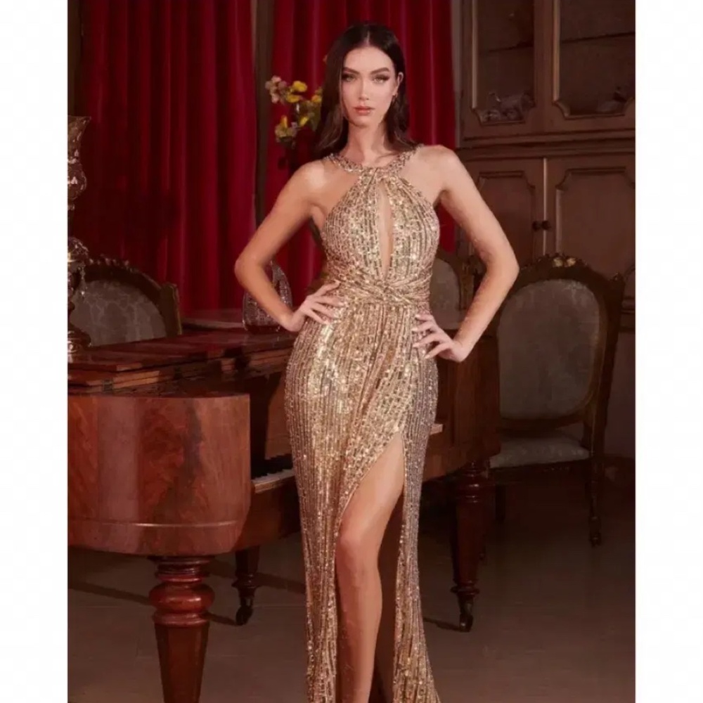 Ladivine CDS497 Gold halter neck prom dress